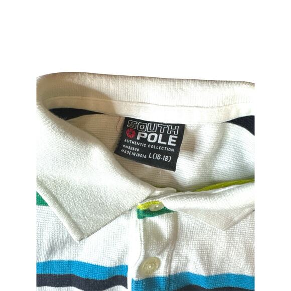VTG SouthPole Polo Shirt Men’s L 16-18 White w/ Blue black and green Stripes Y2K - Picture 3 of 6